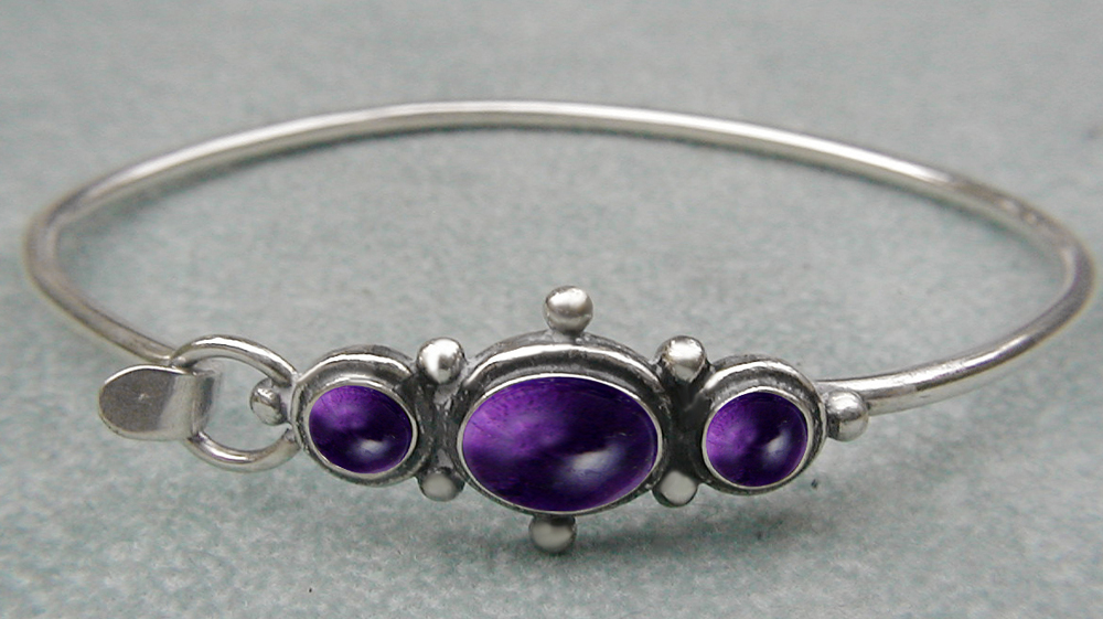 Sterling Silver Victorian Inspired Strap Latch Spring Hook Bangle Bracelet with Amethyst